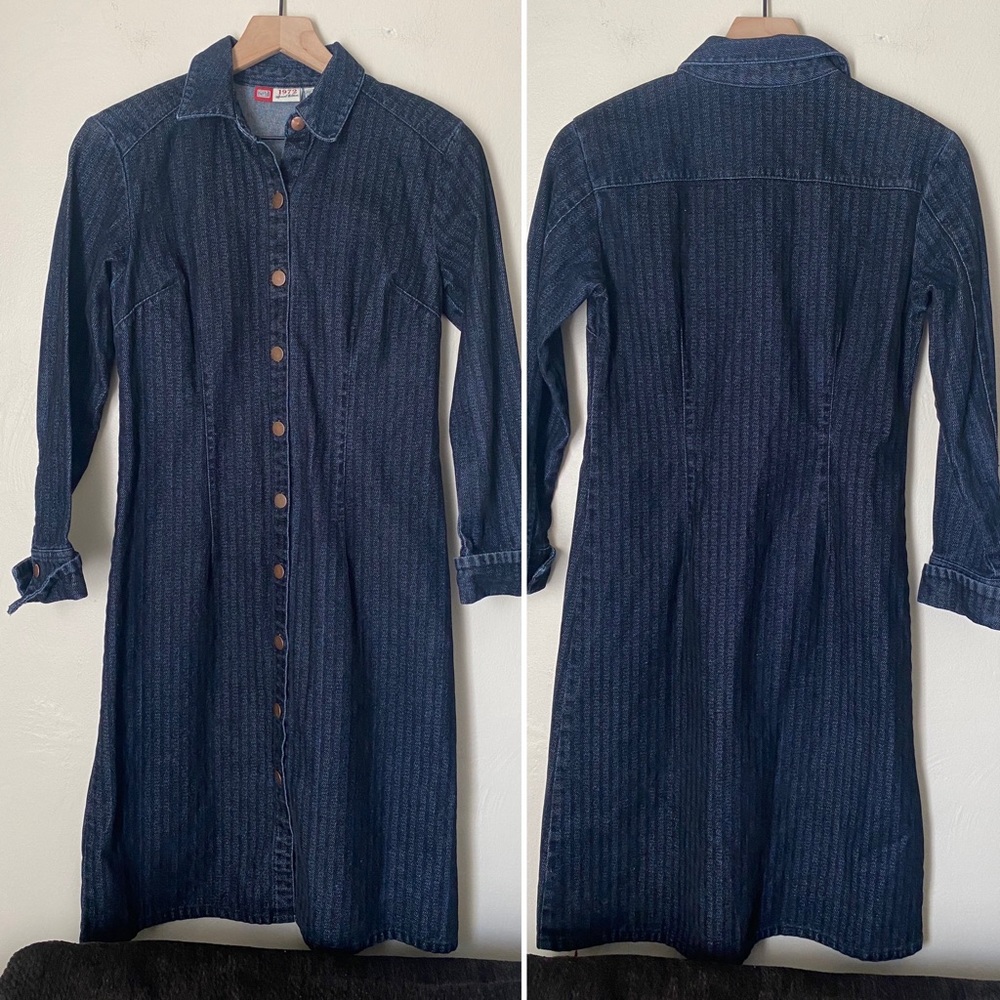 Y2K Faded Glory Button Front Shirt Dress Brushed Denim Dark Indigo Small
